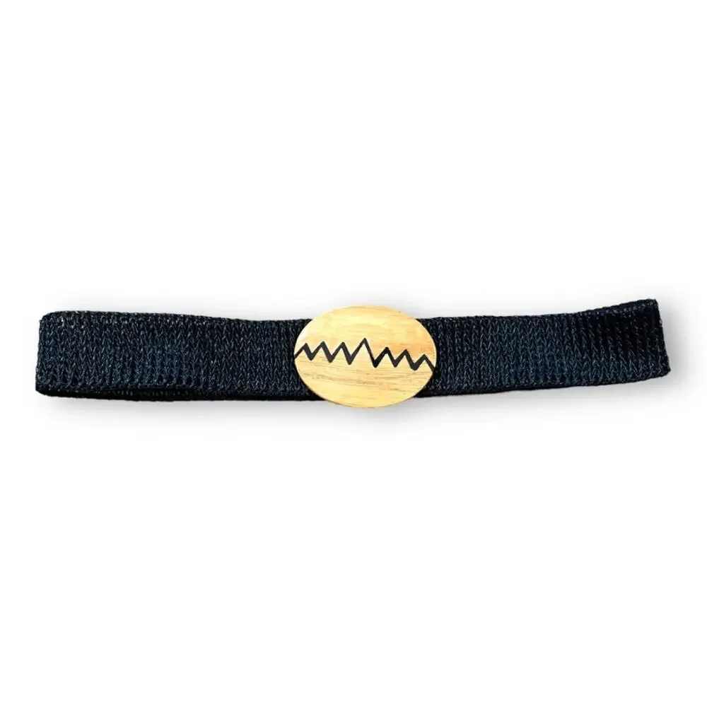 Vintage Black Woven Stretch‎ Belt Wood Buckle Zig Zag Boho Western Festival